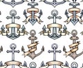 Seamless texture with vintage multicolored cartoon anchors with paper ribbon. Hand drawn illustration. Vector pattern Royalty Free Stock Photo